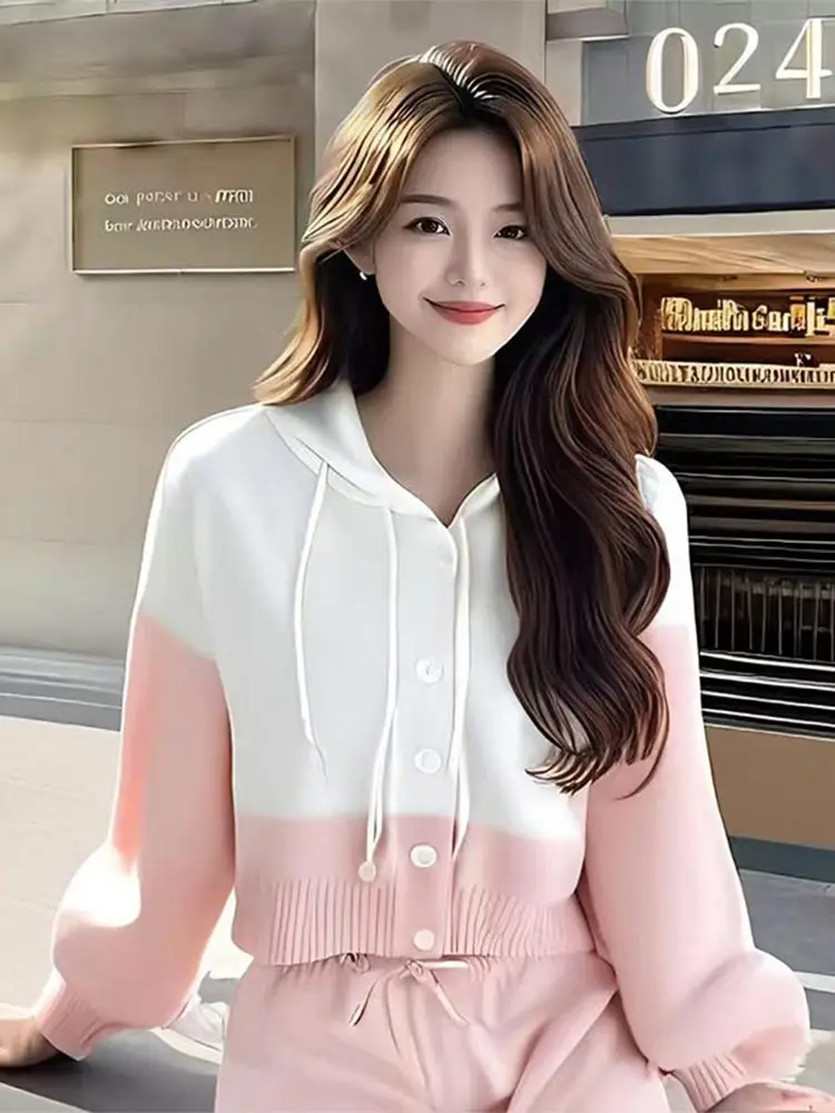 

aduated White Pink Loose Knitted Sweater Women's Dstring Hoodie Unique Beautiful Top Korean Sle Commute Faion