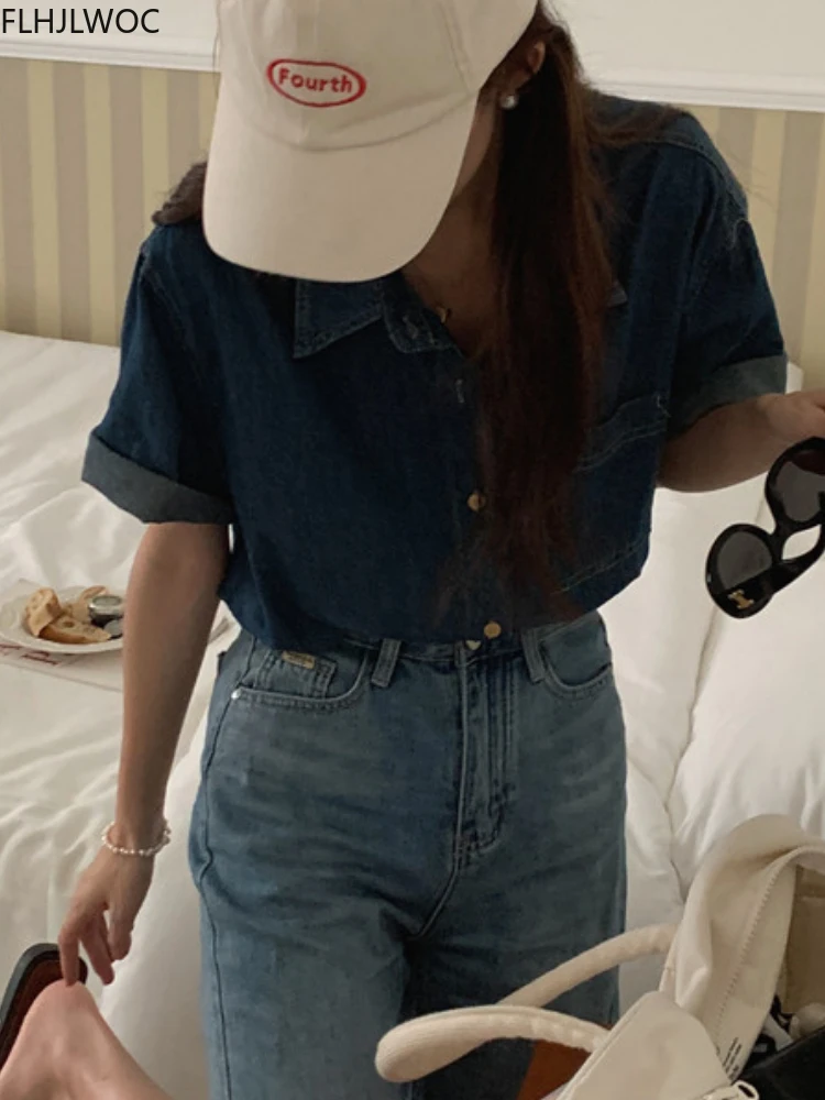 Button Blue Jeans Denim Korea Cute Shirt Design Women Japan Girl Vintage Retro Top Blouse 2022 Chic Korea Fashion Clothes