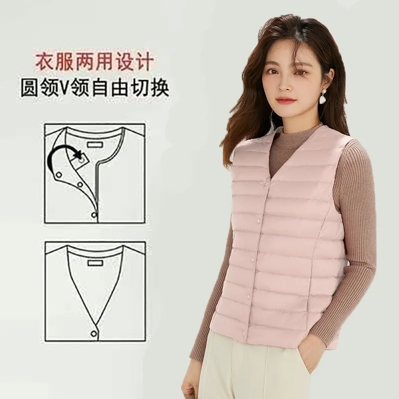 新しい女性用ホワイトダックダウンベスト Vネック軽量暖かいダウンパッド入りノースリーブジャケットプラスサイズチョッキ пальто женское VT-337