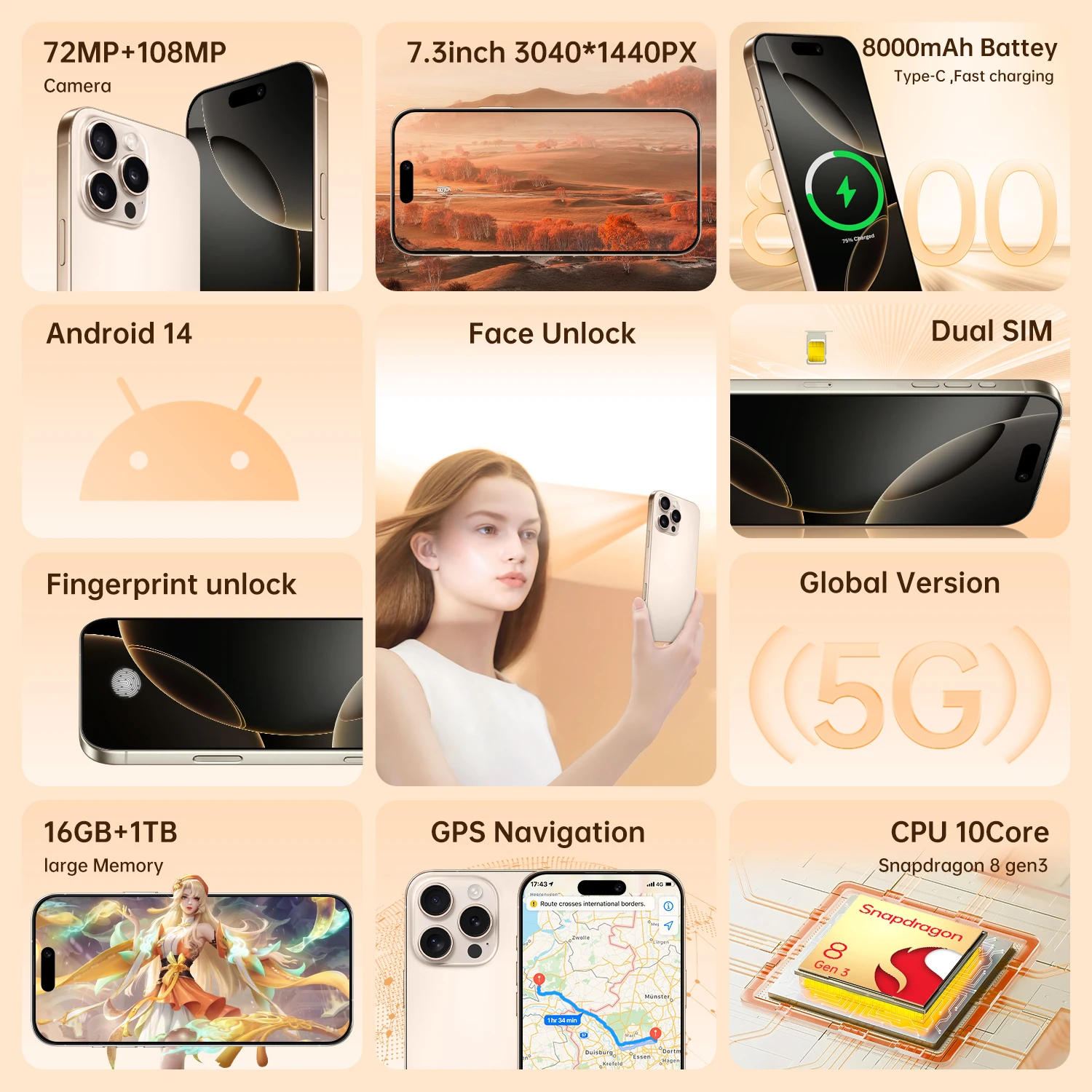 HOT i16 Pro Max オリジナル インテリジェント 5G デュアルSIM Android14 システム グローバル版 6800mAhバッテリー 顔認証機能