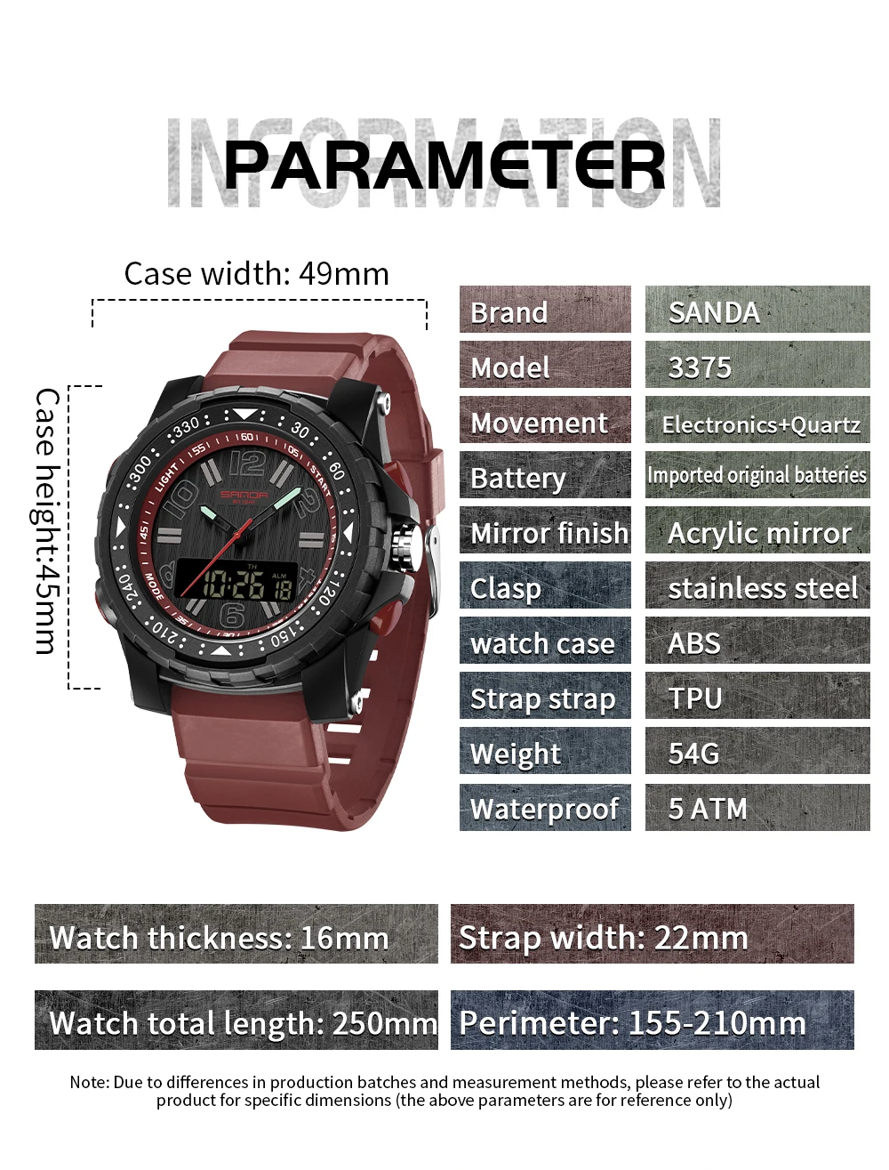 SANDA 3375 남성용 전자 쿼츠 시계, 스포츠 다기능 방수 LED 2024, 럭셔리 패션