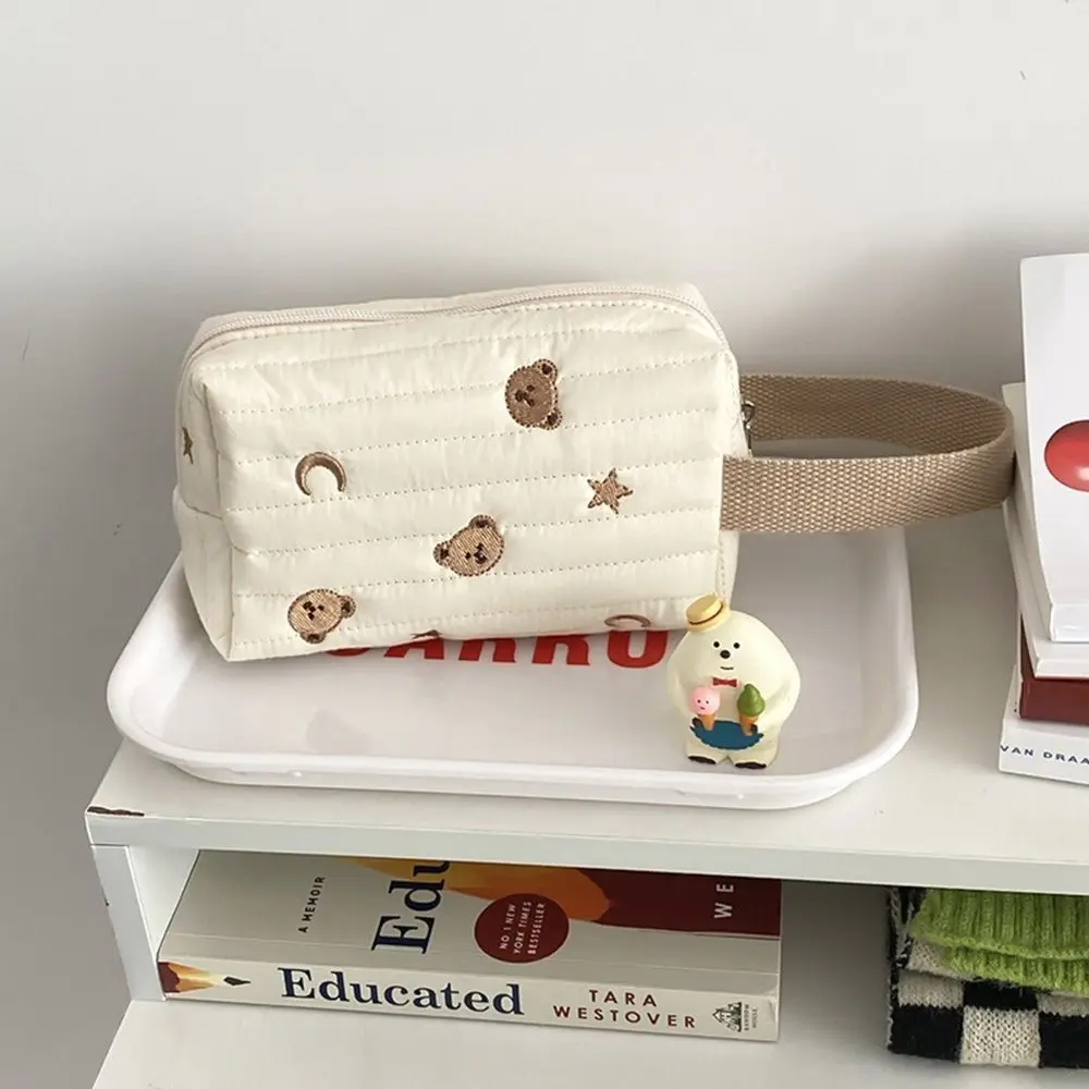 Cute Toiletry Case Embroidery Cosmetic Bag Zipper Cotton Bear Make Up Bag Wrist Organizer Makeup Pouch Women