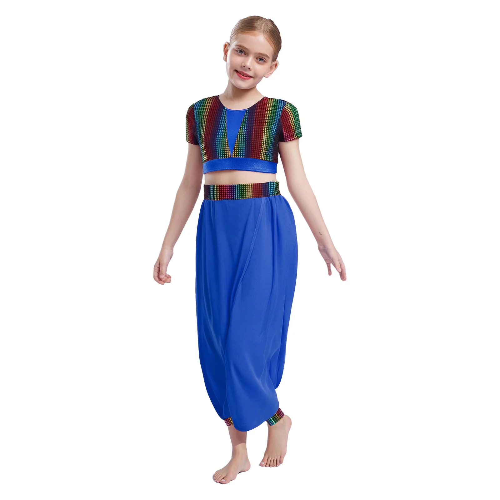 Vestito da ballo latino jazz per bambina, 2 pezzi, colletto tondo metallico, maniche corte, top corto con pantaloni a fiori, abbigliamento da ballo moderno per la pancia