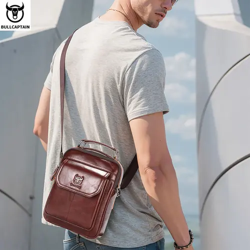 Imagen 2 del producto BULLCAPTAIN, nuevos bolsos Vintage de cuero genuino para hombre, bolso de hombro con solapa para hombre, bolsos de mensajero informales para oficina, bandolera de moda