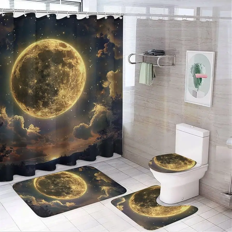 Fantasy Starry Shower Curtain Set Mysterious Planet In Outer Space 4 Pcs Shower Curtain Bathroom Non-Slip Bath Mat Toilet Cover