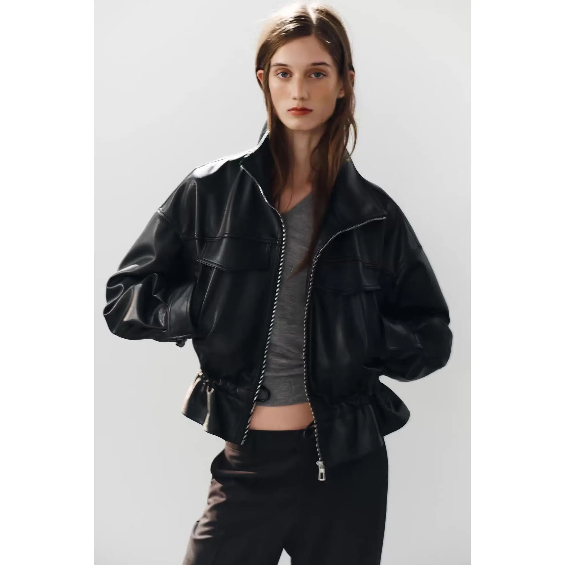 Fashionable Early Autumn Women's Jacket Waist-Cinching Stand Collar All-Match Outerwear Polyester Fiber Long Sleeve Short Style