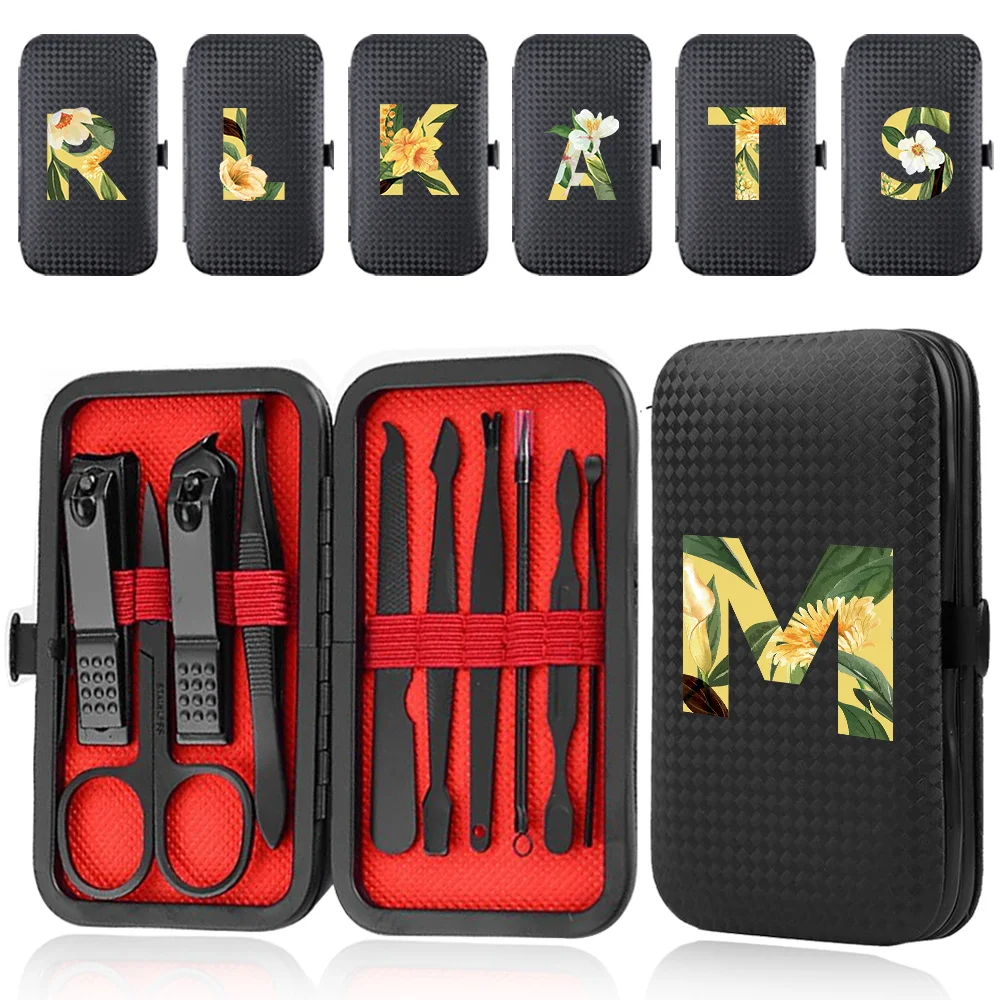 10Pcs Stainless Steel Manicure Set PU Organizer Pedicure Kit Nail Clippers Trimmer Care Tool Portable Case Floral Letter Pattern