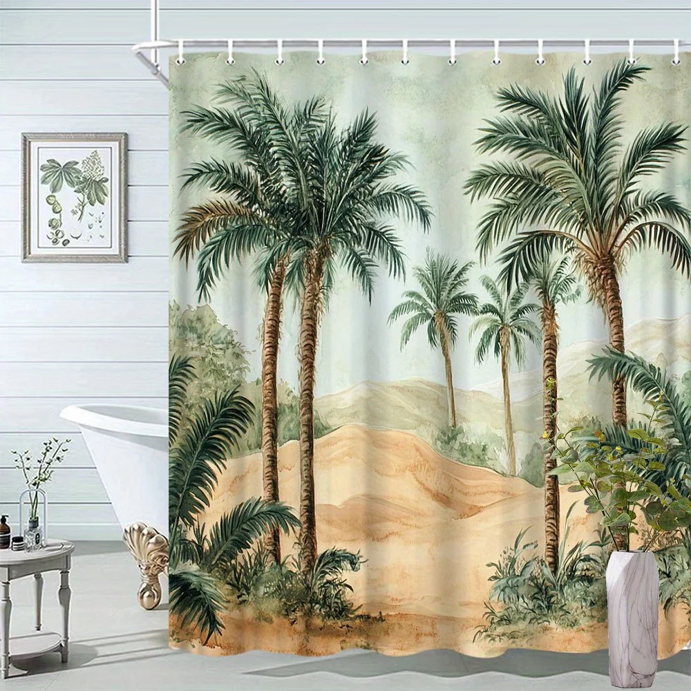1pc Natural Landscape Palm Tree Shower Curtain, Green Plant Decor, Cozy Bathroom Design, Bathtub Divider Hanging Fabric, Bathroo