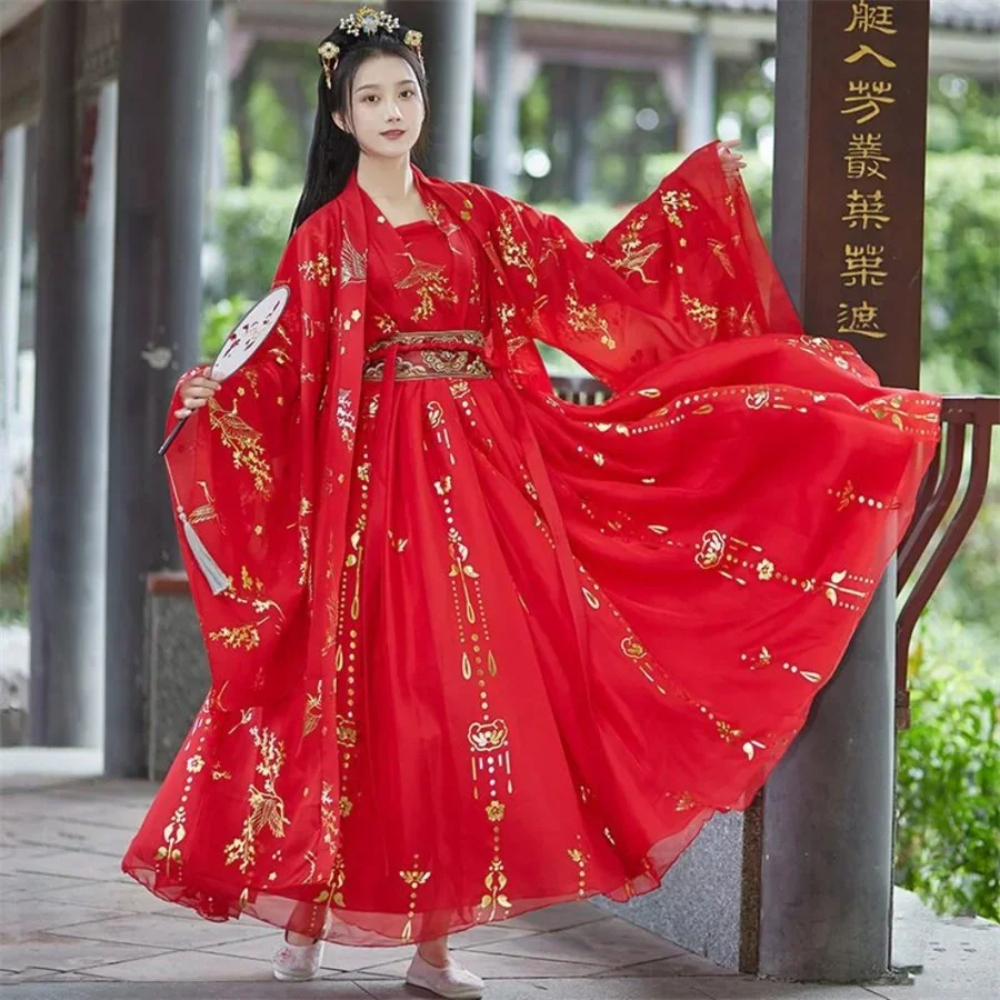 Chinese Hanfu Dress Women Traditional Vintage Hanfu Halloween Cosplay Costume Dance Dress Hanfu Gradient Red white 4pcs Sets