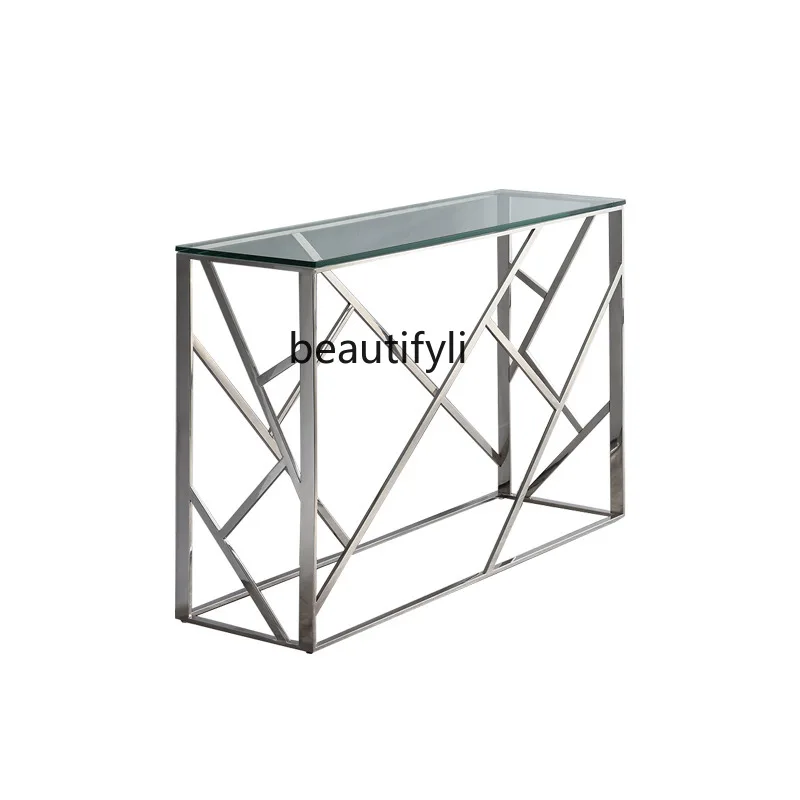 

Italian porch table light luxury modern porch cabinet foyer entry stainless steel porch table designer against the wall