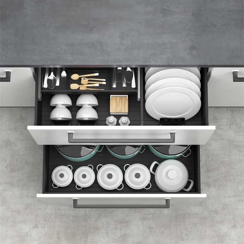 The kitchen cabinet has a three-layer aluminum alloy drawer to store the seasoning basket