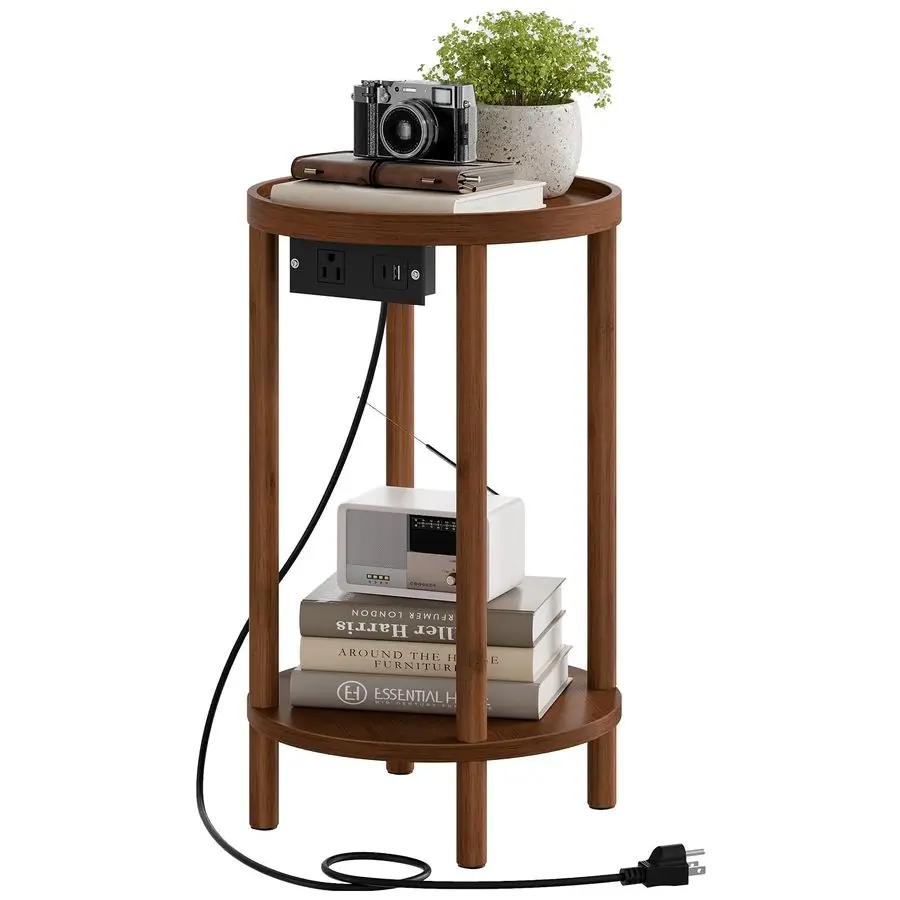 

Маленький круглый приставной столик с зарядной станцией, двухуровневый круглый бамбуковый столик, компактный прикроватный столик для дивана, для небольших помещений, простая сборка