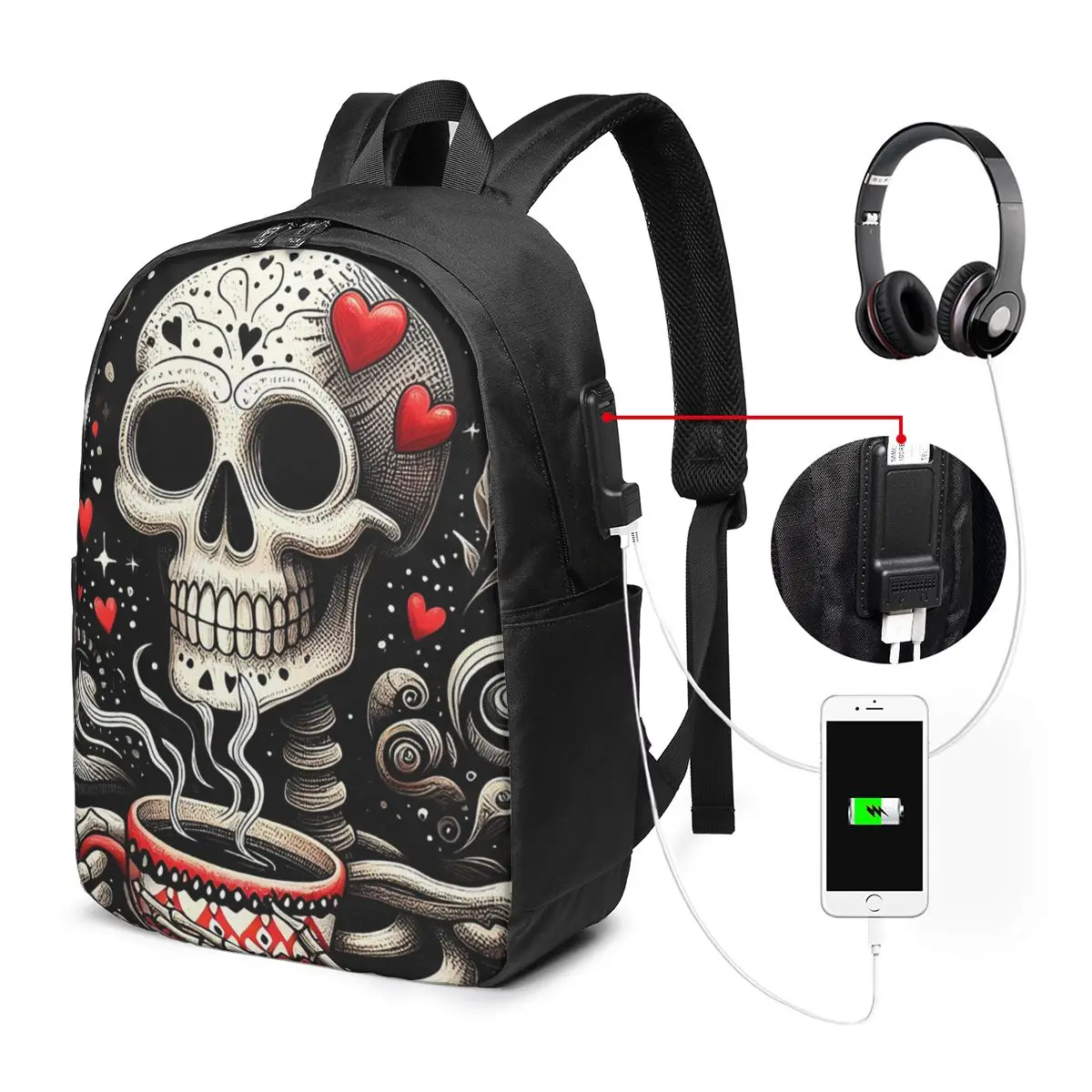 Gothic Skull Drink Coffee Backpack Travel Notebook Bag Computer College Student School Bag Laptop Shoulder Bags for Men Women