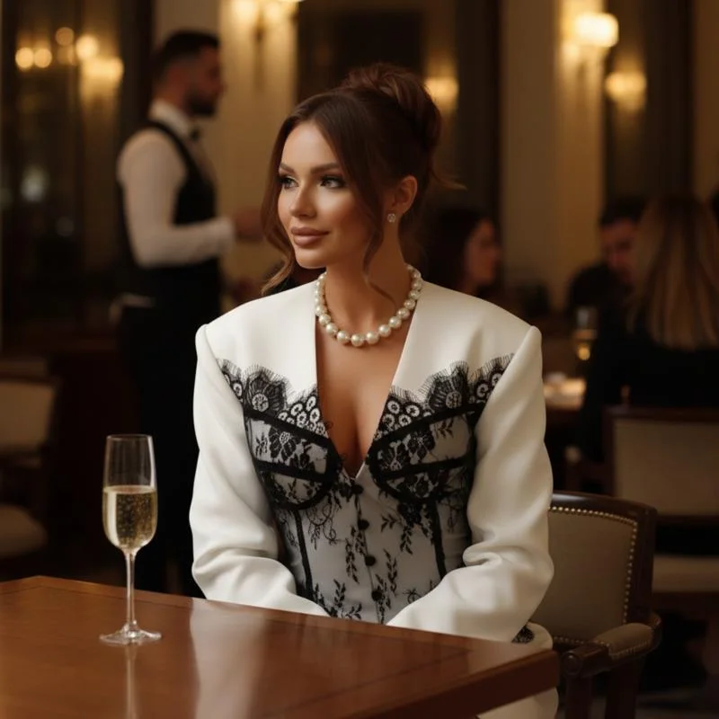 

Elegant Women's White Mini Dress Black Lace Accents Long Sleeves Deep V Neck Styling Autumn Parties Dinners And Chic Occasions