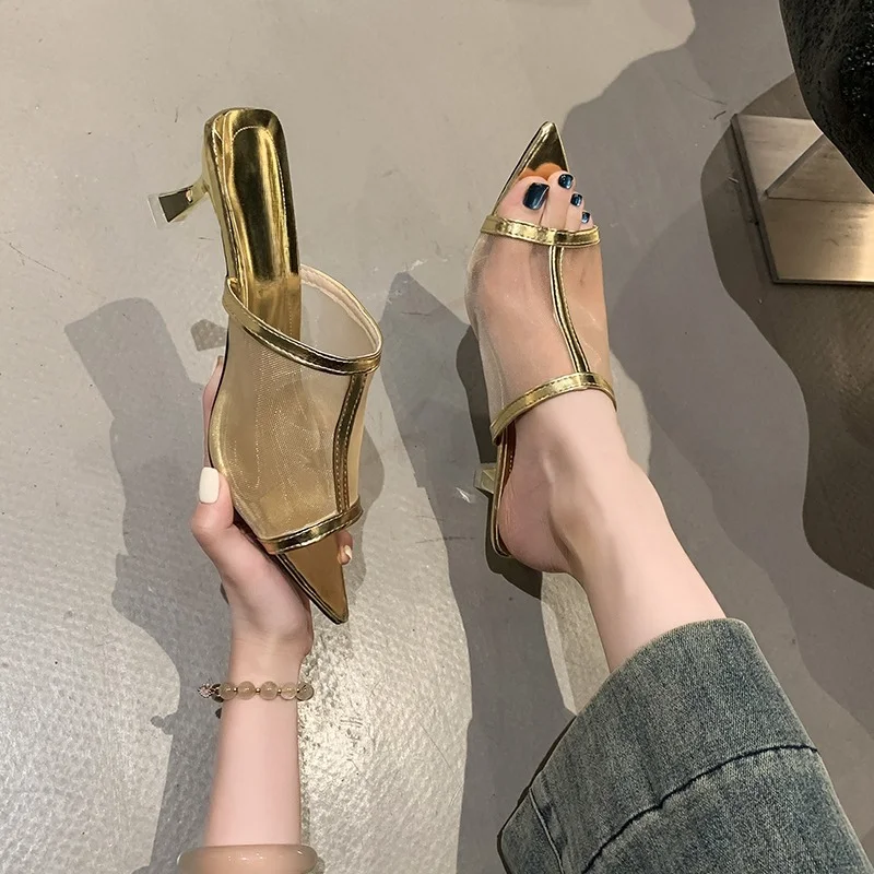 

Transparent Silk Gauze Mule Slides Woman Bling Lace Mesh Pointed Toe High Heel Slipper Sandals Ladies Evening Party Pump Shoes