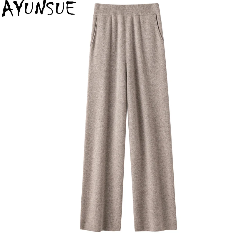 

AYUNSUE Cashmere Pants Spring and Autumn 2023 New 100% Merino Wool Wide Leg Pants Women's High Waist Knitting Fashion Pants