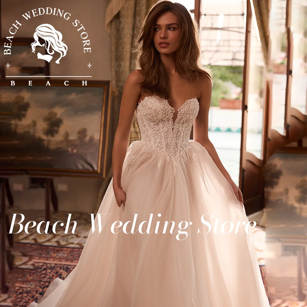 ビーチ恋人モダンノースリーブチュールストラップレスバックレスレースブライダルドレスハイスリット 2025 Vestidos デノビアカスタマイズ