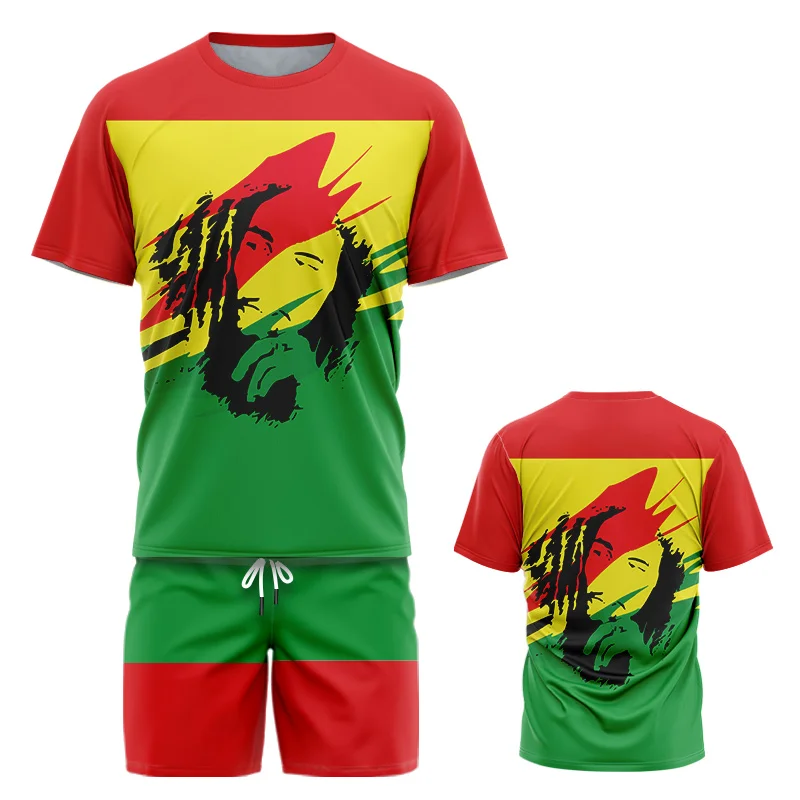 Reggae Rock Singer Bob Mary Jersey Suit Casual Trend Short Sleeve+Shorts Two-Piece Men Oversize Clothes Loose Sportswear