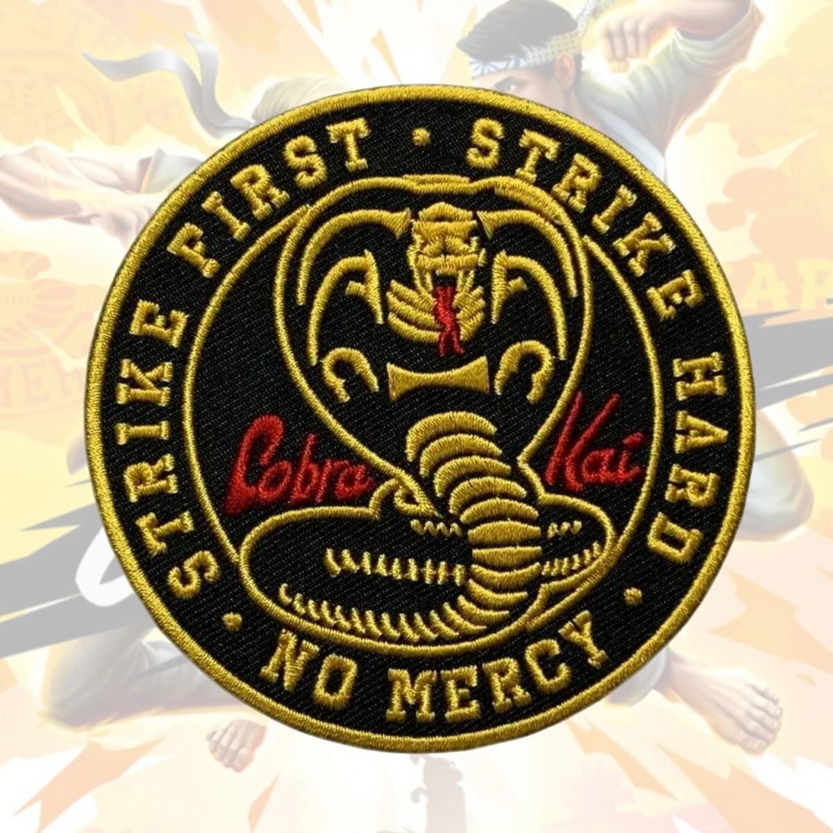 Cobra Kai Embroidery Patch Strike Hard No Mercy Hook and Loop Morale Badge Military Tactical Patches Backpack Emblem Sticker