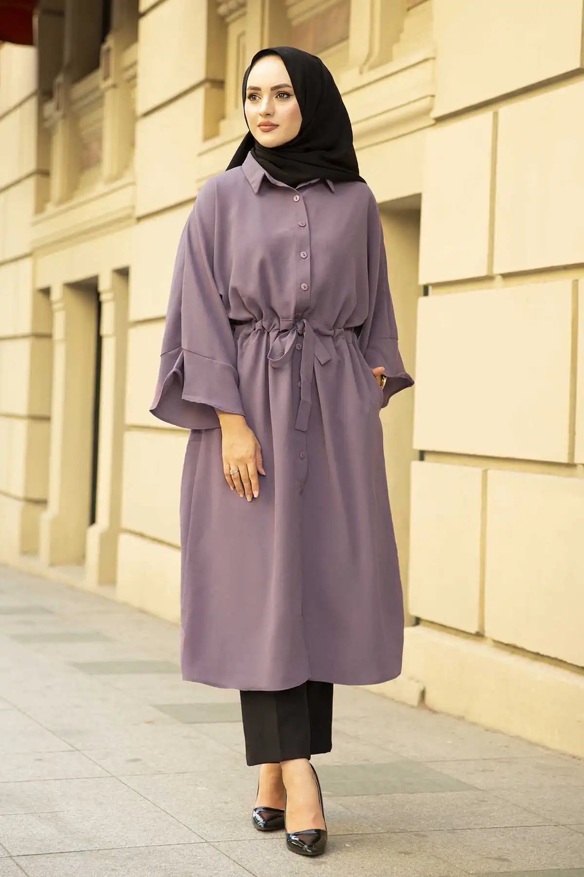 Articulated Laced Abaya-Lilac Winter Autumn 2021 Muslim Women Hijab headscarf Islamic Turkey