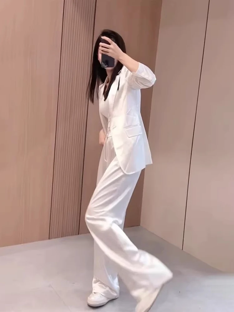 

Летний костюм из ацетата 2026: Женский элитный атласный комплект для офиса с широкими брюками и длинным рукавом на пуговицах, модный наряд из двух предметов