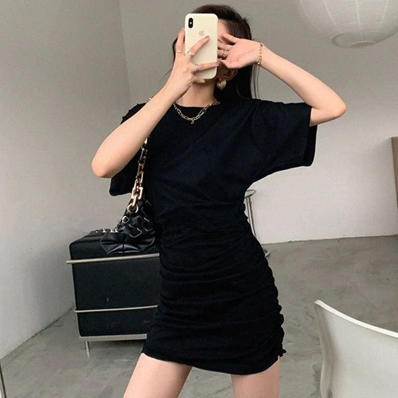 Damen Sommer Kurzarm-Kleid Figurbetontes Gerafftes Schwarzes Kurzes Kleid Elegantes Party- und Alltagskleid