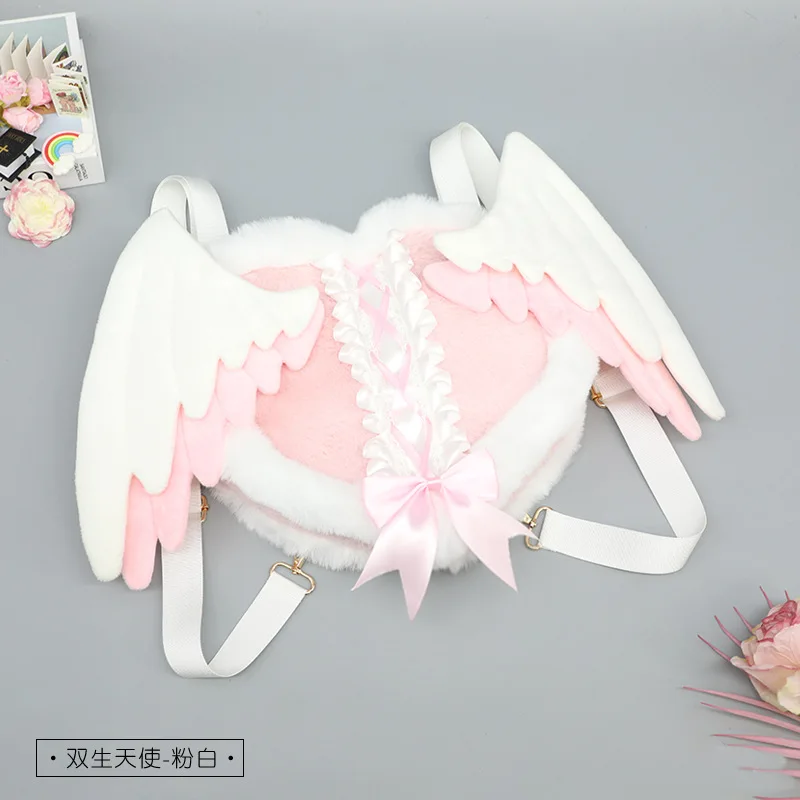 

Японский кружевной бант, плюшевый рюкзак с сердечком ангела, студенческий женский милый рюкзак с крыльями Лолиты, милая сумка на плечо Y2k, школьные ранцы