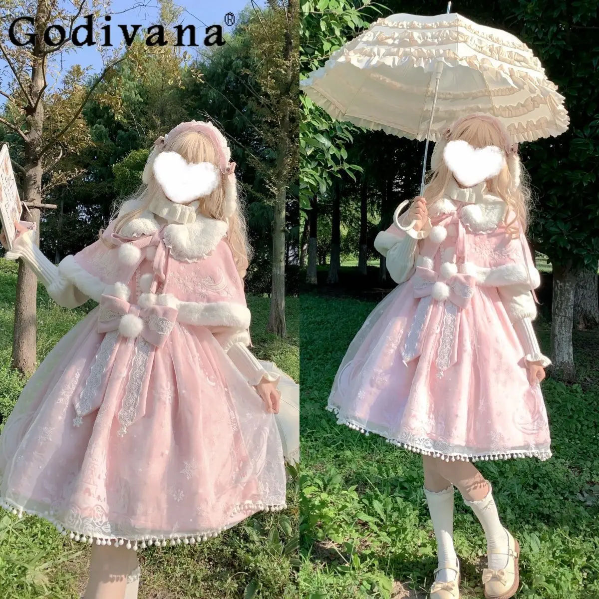 

Japanese Kawaii Lolita Dress Cloak Sets Girls Women Winter Plush Sweet Bow Princess Dress Set Christmas New Year Pink Dresses
