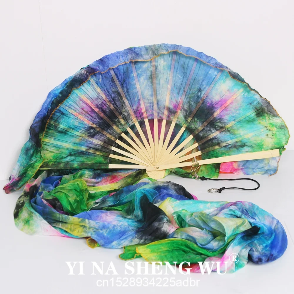 1개 실크 부채 + 1개 포이 로프 타이다이 100% 실크 벨리댄스 실크 롱 팬 중국 무용 팬 베일 공연 소품