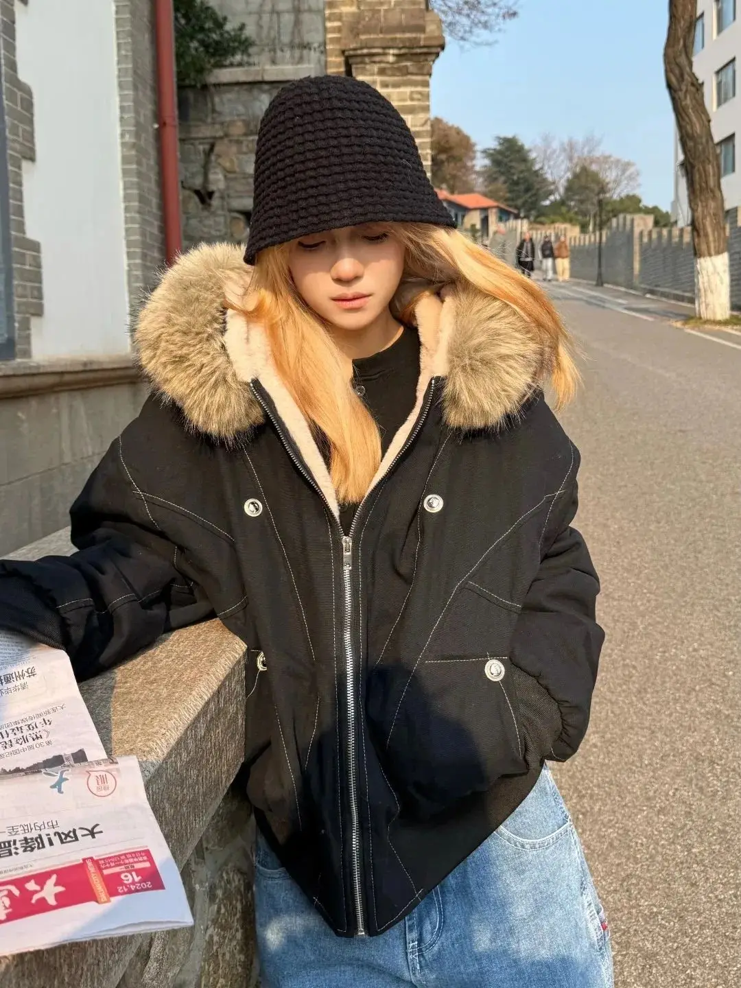 

American Retro Hooded Jacket Women Casual Faux Fur Vintage Longe Sleeve Sweatshirt Aesthetics Parkas Autumn Women Clothing