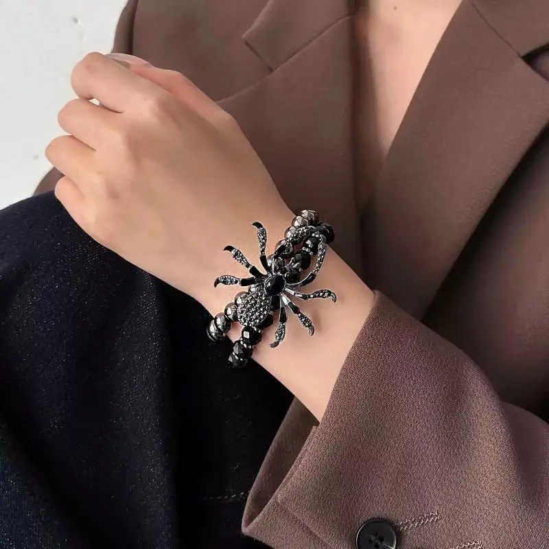 Gothic Black Spider Beads Bracelet for Women Men Unique Spider Web Charm Dark Personality Handmade Jewelry Gifts Accessories