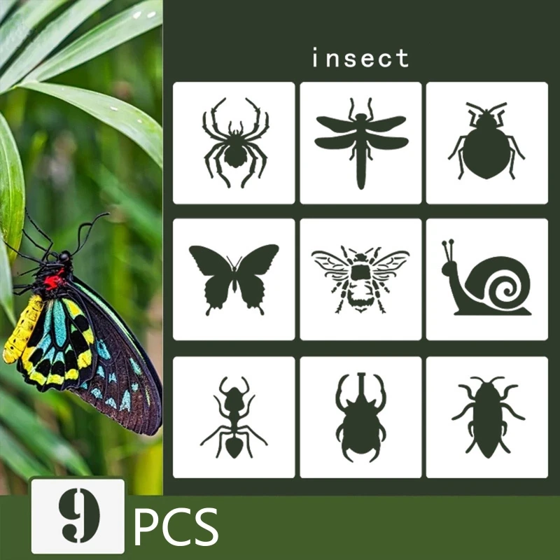 9 Pieces Insect Painting Stencils Reusable PET Templates for Kids Students Painting on Paper Canvas Wood Halloween Decor