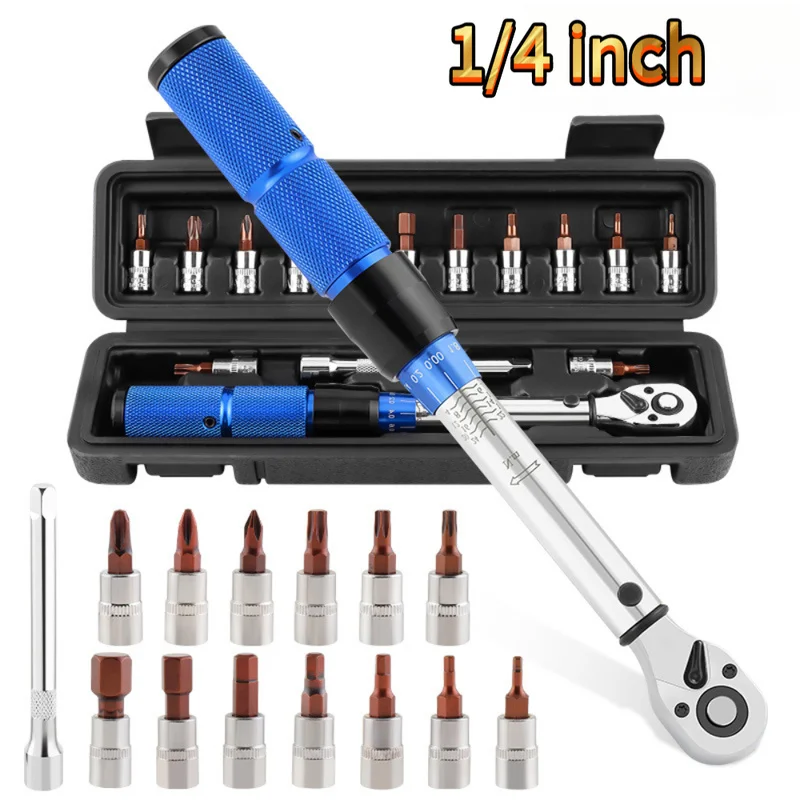 15PCS Adjustable Torque Ratchet Wrench 1/4-inch Dual-Direction Bicycle Hex Socket Preset Wrench Professional Maintenance Tool