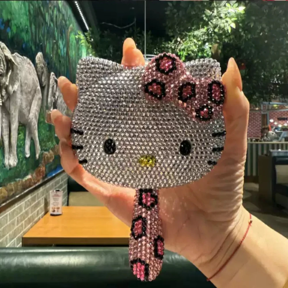 Hello Kitty Kawaii Crystal Mirror Shiny Rhinestones Handheld Mirror Girl Birthday Gift LivingA Room Decoration