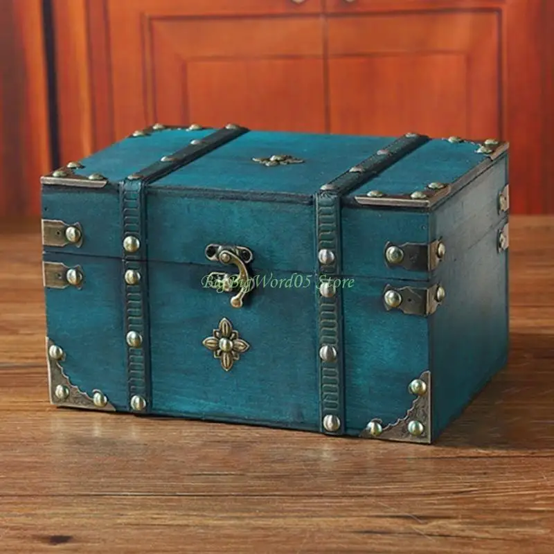 

24TE Wooden Chest with Metal Lock Jewelry Organiser Box Antique Lockable Keepsakes Storage Container