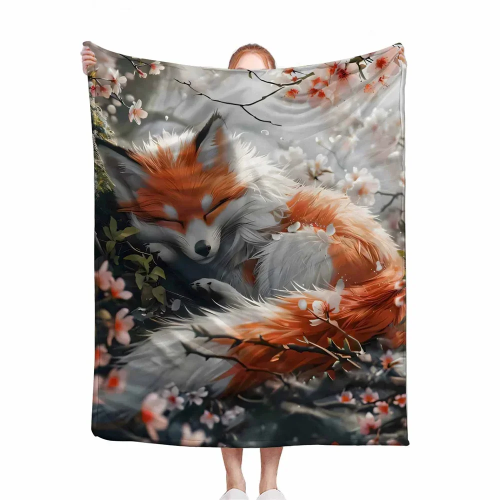 1pc Fox Peach Blossomc Microfiber Throw Blanket, Fox Leisure Cover Blanket, Fox Lunch Break Blanket Home Travel Camping Blanket