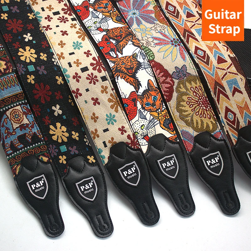 Retro Embroidered Adjustable Shoulder Strap for Guitar Electric Guitar Acoustic Guitar Ukulele Bass Instrument Accessories