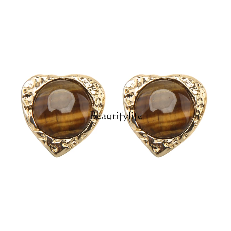 

French retro premium love pearl earrings agate tiger's eye temperament stud earrings