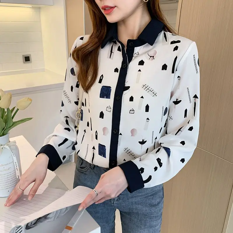 Fashion Commute Spring Autumn New Printed Blouses Women\'s Patchwork Geometric Polo Collar Loose Casual Long Sleeve Button Shirts