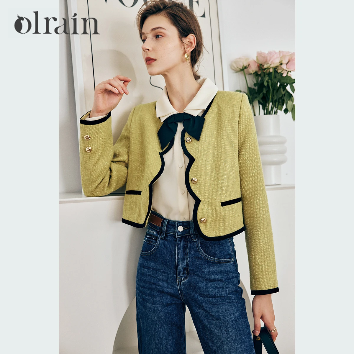

OLrain Elegant Green Tweed Jackets Women's New in Outerwears 2025 Fashion Ladies Autumn Winter Ladies Cropped Jackets O22QW63062