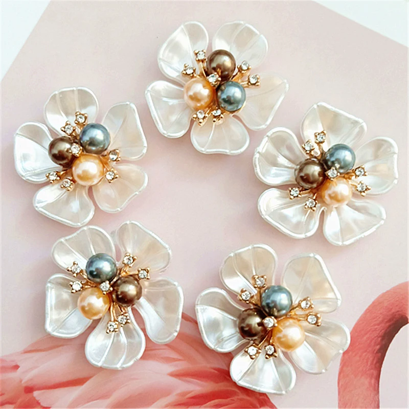 2PCS Flower Pearl Rhinestone Buttons Crafts Clothes Alloy Metal Sewing Button For Hair Accessories Brooch DIY Decoration