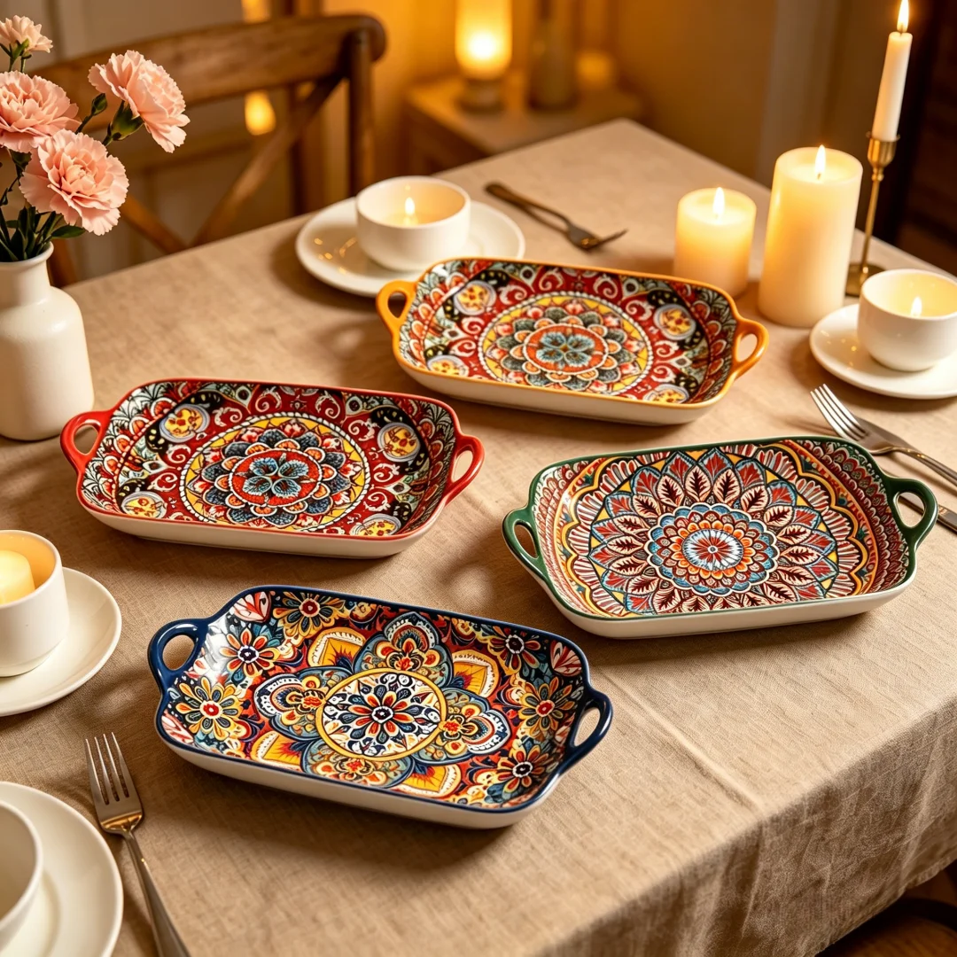 Bohemian Rectangular Ceramic Baking Tray, Large Serving Platter With Dual Handles