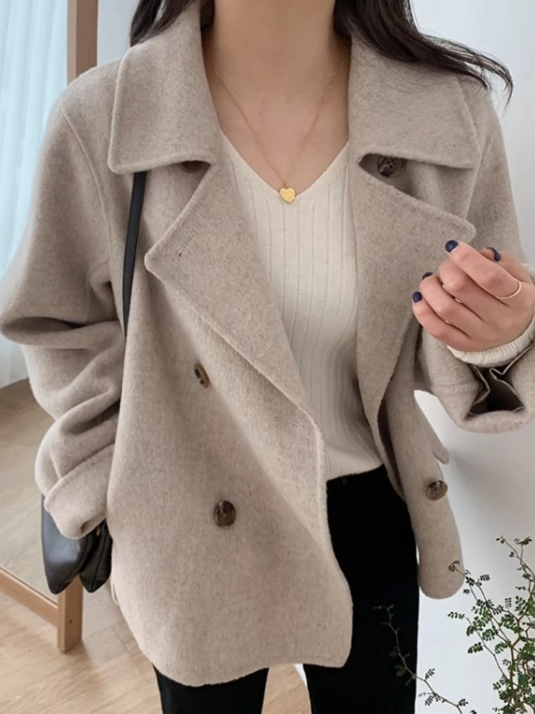 Faux Woolen Coat Women Autumn Winter Lapel Jacket Female Korean Fashion Double Breasted Outerwear Ladies Casual Loose Chic Coat