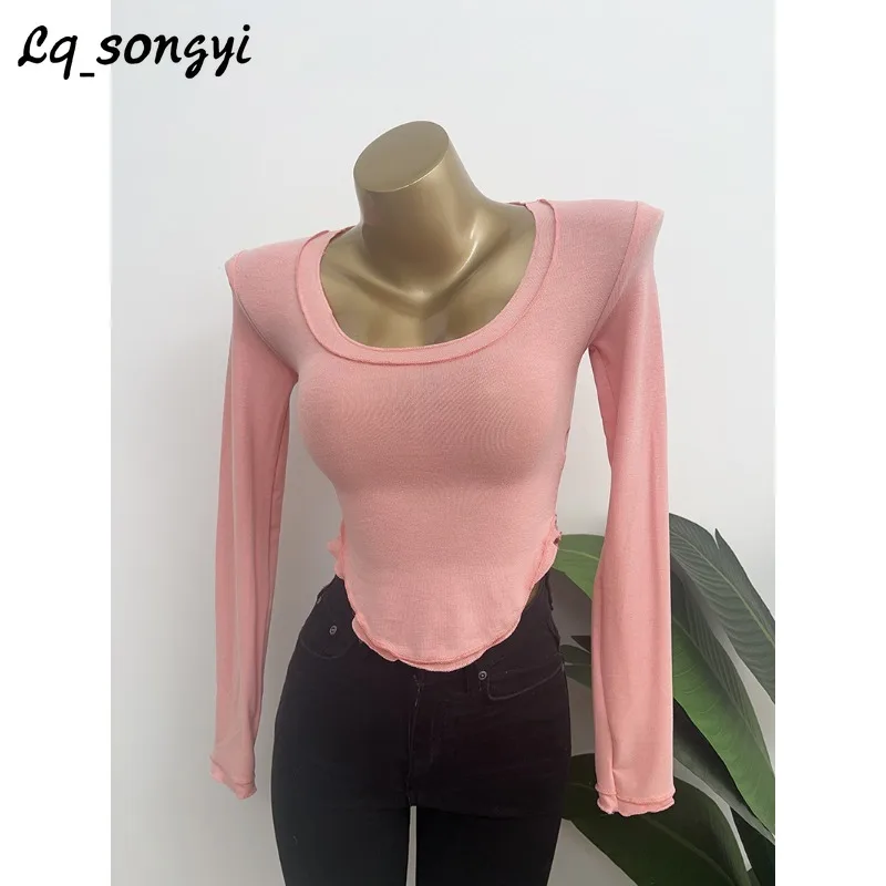 

Lq_songyi Sexy Scoop Neck T Shirts Slim Fit Tops Women Irregular Tight See-through Top Spring Long Sleeve Solid Thin T Shirt