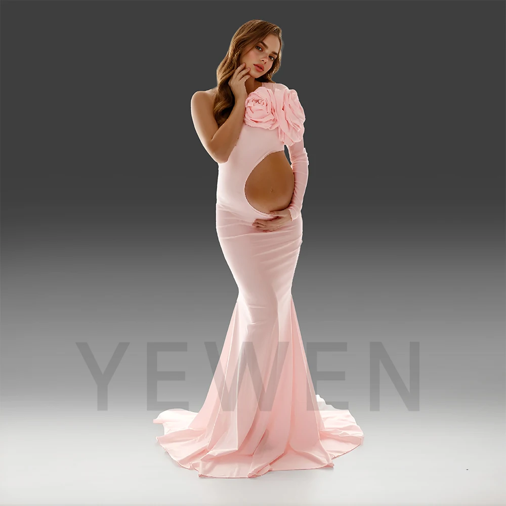 Unique Pink Mermaid Maternity Photoshoot Dresses with Rose Flowers Sexy Cut-out Design Pregnancy Shooting Dress for Baby Shower