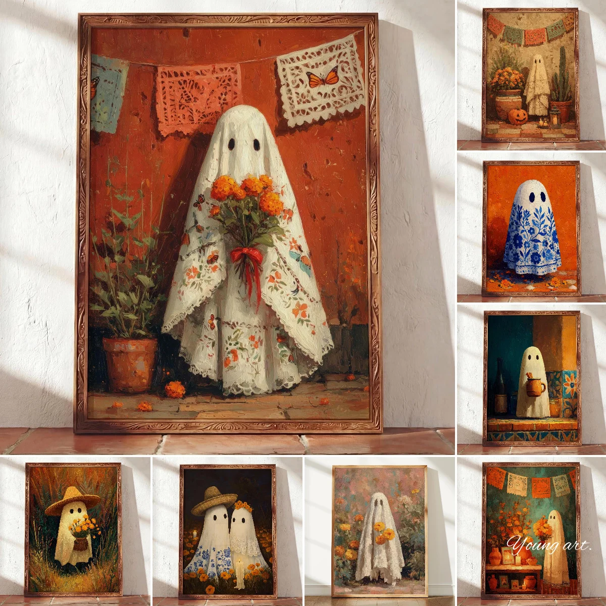 Funny Spooky Ghost Fall Canvas Print Poster Rustic Pastoral Cozy Autumn Folk Art Prints Bedroom Halloween Wall Art Home Decor