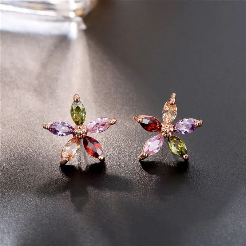 Women\'s Fashion Multicolor Zirconia Stud Earrings Colorful Rhinestone Prong Romantic Rose Gold Flower Earring Jewelry Best Gifts