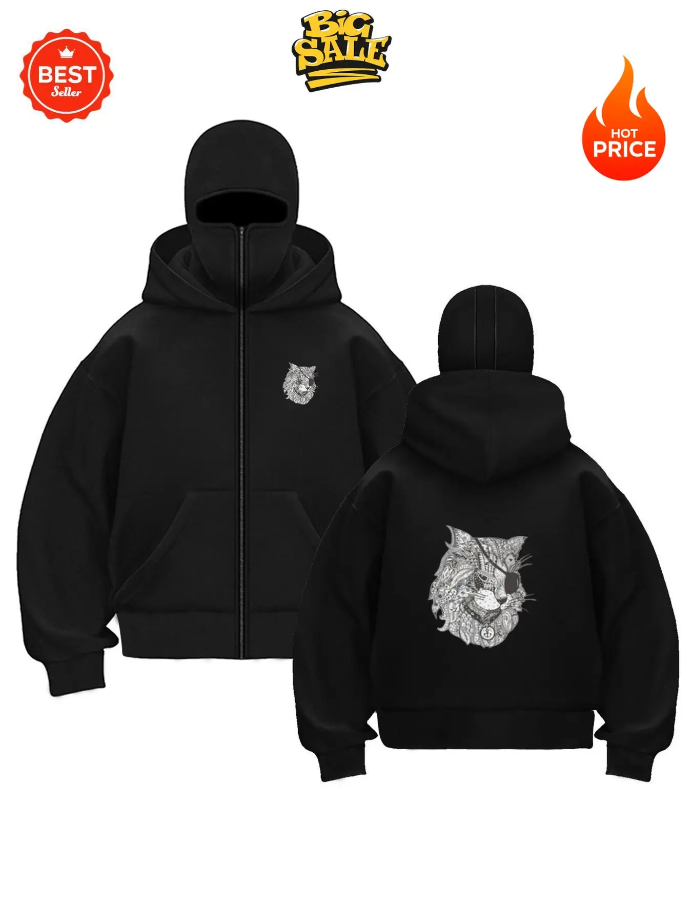 

Unisex Balaclava Zip Up Hoodie Pirate Cat Print Streetwear Oversized Casual Sweatshirt Autumn Winter Y2K Harajuku Hooded Jacket