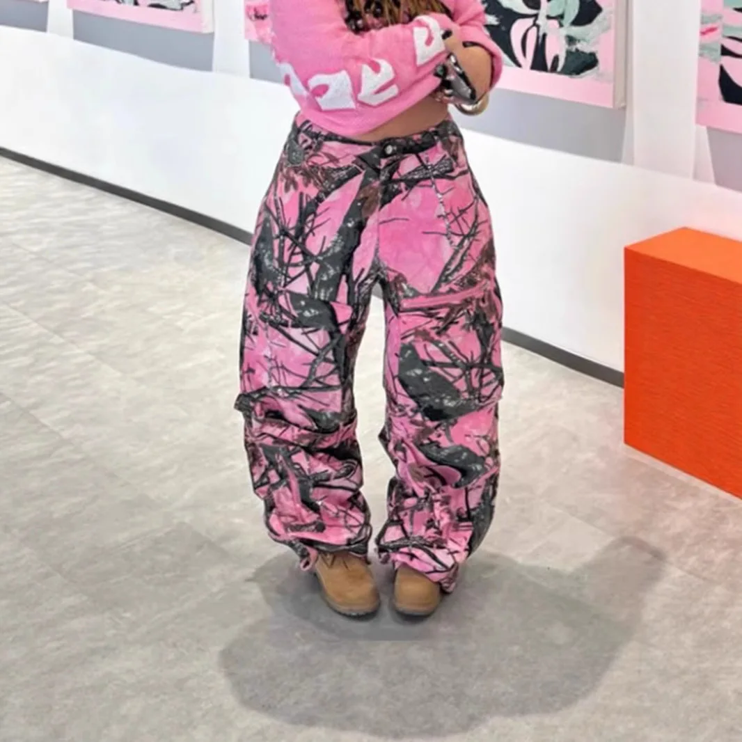 

New fiti Printed Camouflage Tree Branch Pattern Women's Loose Fit Long Pants Spring Season Faion Ladies' Sweatpants