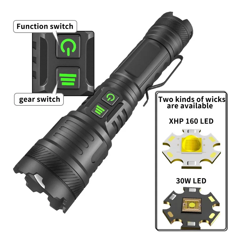 Potente linterna LED XHP160, 5 modos, 26650, tipo C, recargable, para acampar, de tiro largo, 2000m, impermeable, con Zoom